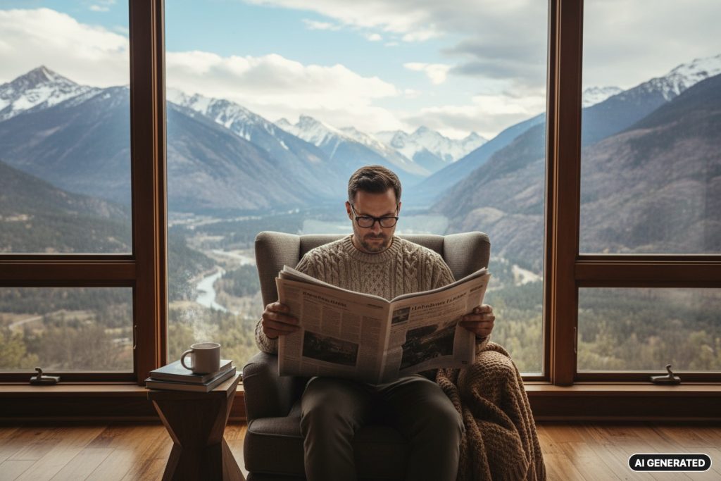 AI Generated: A man in a sweater sits in an armchair reading a newspaper in front of a large window overlooking a mountain valley.