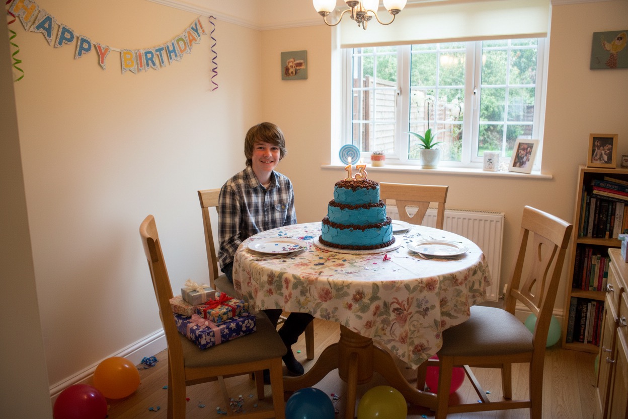 A teenage boy sits at a dining table decorated with a three-tiered blue birthday cake and wrapped gifts for his thirteenth birthday.