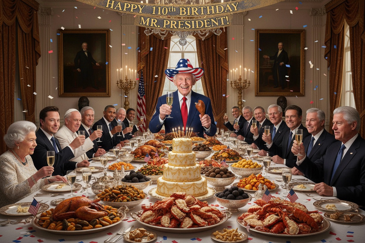 An elderly man wearing a patriotic cowboy hat stands at the head of a long banquet table filled with food, surrounded by various world leaders and public figures, with a banner above reading "Happy 110th Birthday Mr. President!"